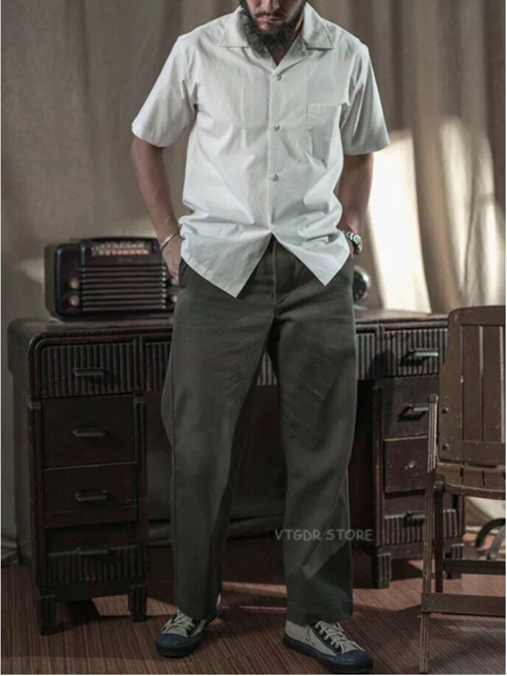 Bronson Classic Panama Short Sleeved Shirt Men Cuban Collar Pocket Camp Shirts L